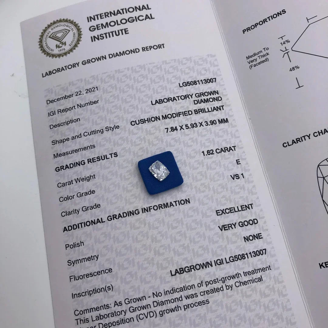 1ct 1.5ct  2ct 2.5 3ct 5ct HPHT CVD Diamond  IGI Certificate Cushion cut lab grown diamonds